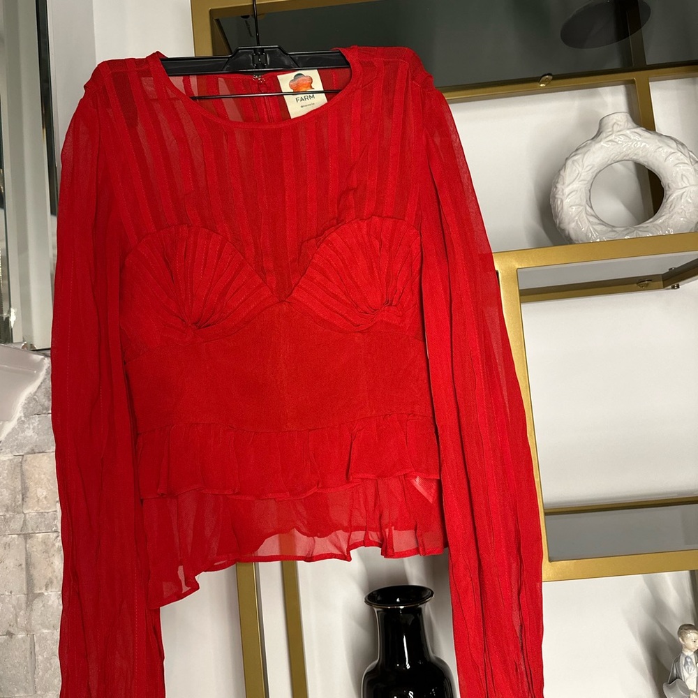 FARM Rio Red Sheer Ruffle Long-Sleeve Blouse - Picture 4 of 9